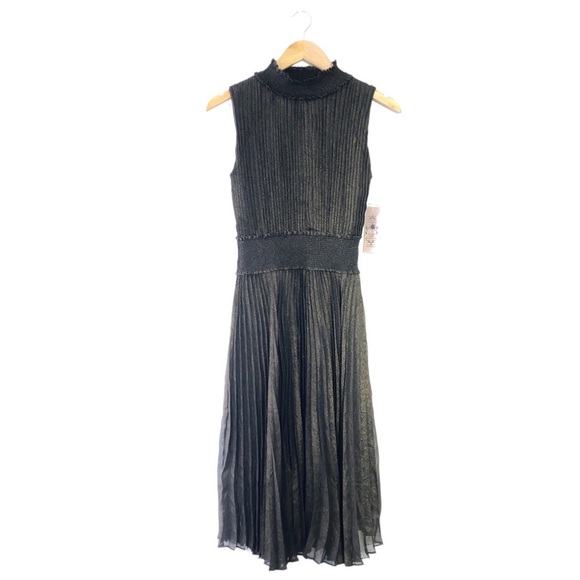 Nanette Lepore Black Gold Pleated Accordion Ruched Sleevelees Mock Neck Dress 4 - Picture 1 of 9